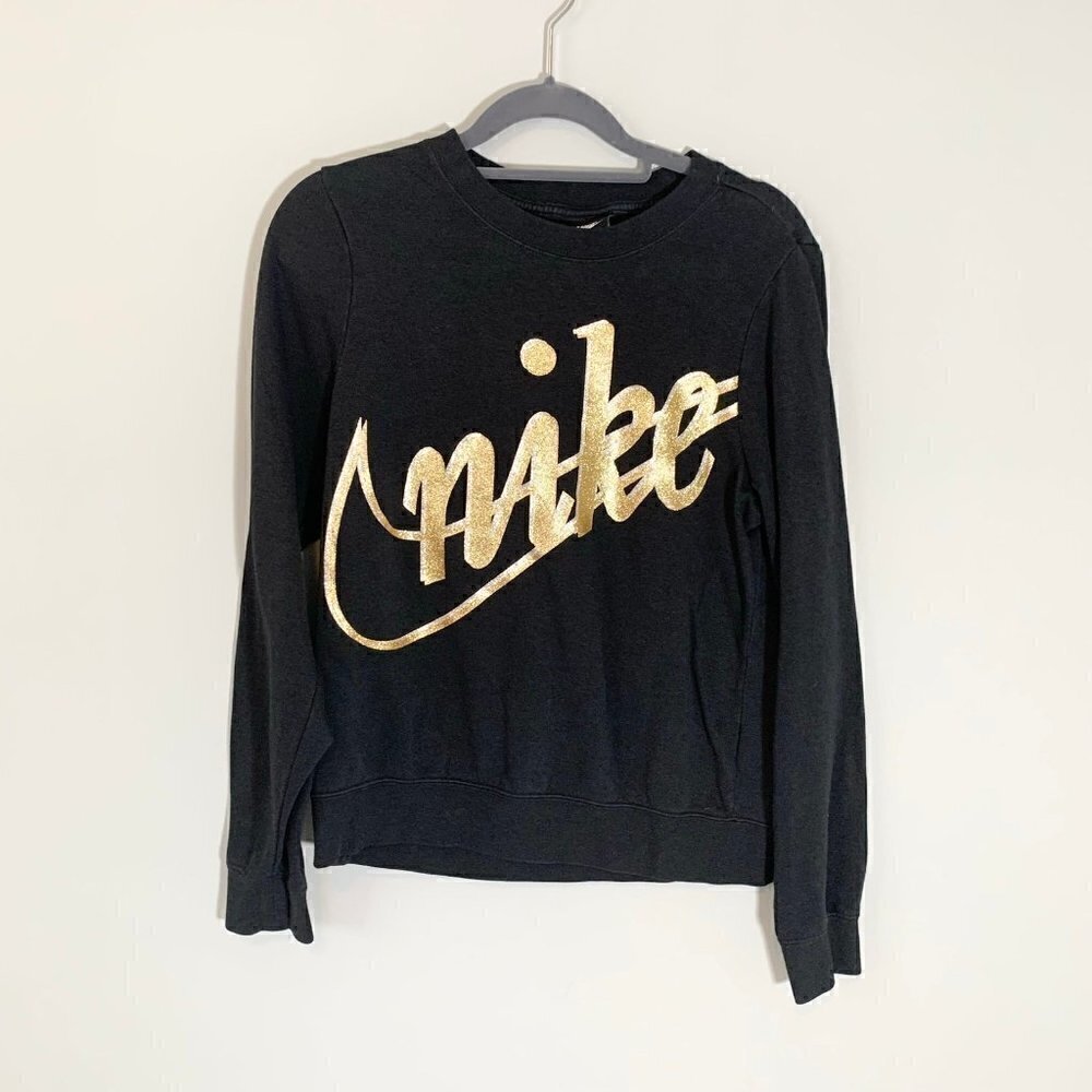 Nike Sweatshirt Women XS Black Gold Glitter Logo Long Sleeve Pullover